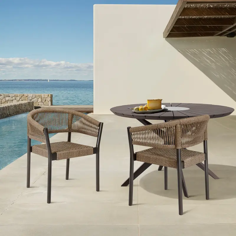 Doris Outdoor Patio Dining Chair in Dark Eucalyptus Wood with Truffle Rope - Set of 2 By Armen Living