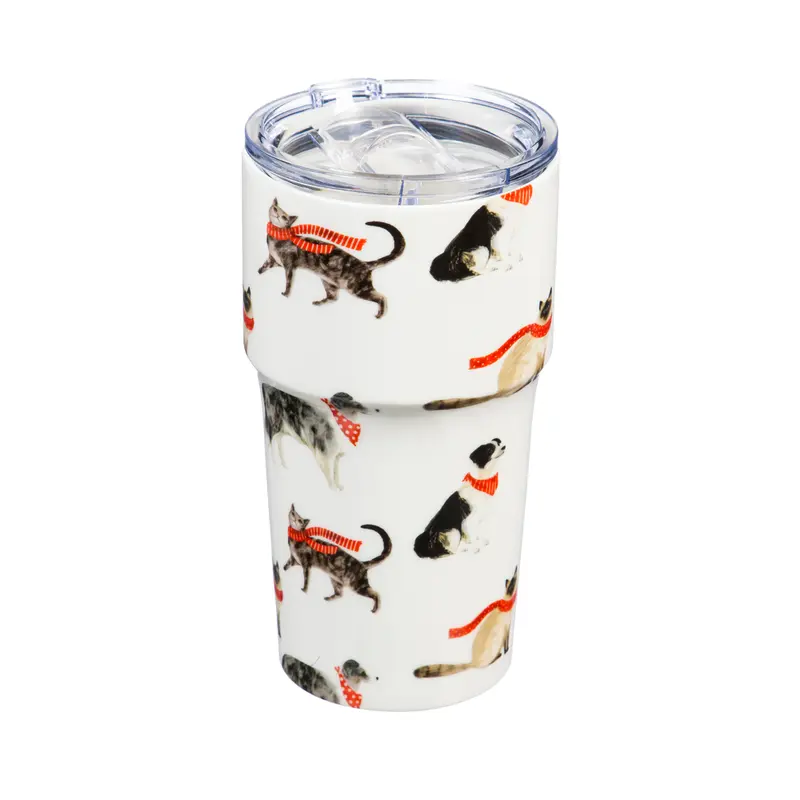Double Wall Ceramic Companion Cup with Tritan Lid, 13 OZ, Stylin Cat & Dog,3ltc997204