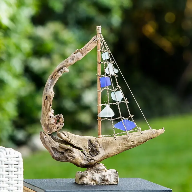 Driftwood Boat with Recycled Glass - Large Set of 4 By Garden Age Supply