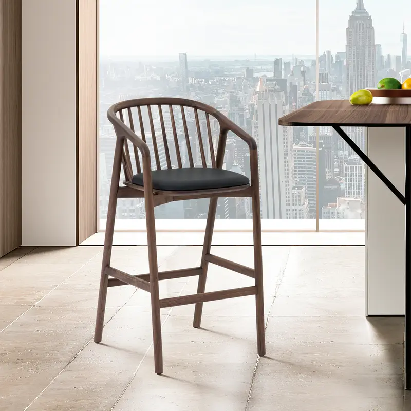 Echo Walnut Wood and Black Faux Leather Counter Stool By Armen Living