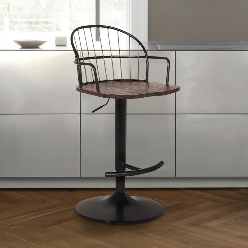 Edward Adjustable Walnut Glazed Barstool in Black Powder Coated Finish By Armen Living