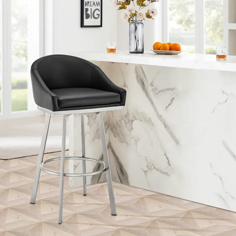 Eleanor 26" Swivel Counter Stool in Brushed Stainless Steel and Black Faux Leather By Armen Living