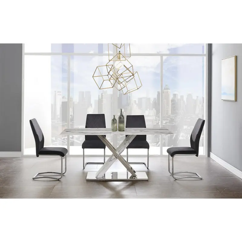 Elegant Marble Glass Top Dining Table With X Base Stainless Steel Accents By Homeroots