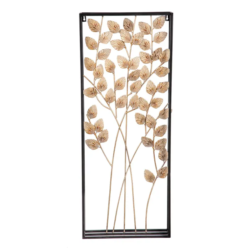 Embossed Gold Metal Leaf and Branches with Black Frame Wall Decor