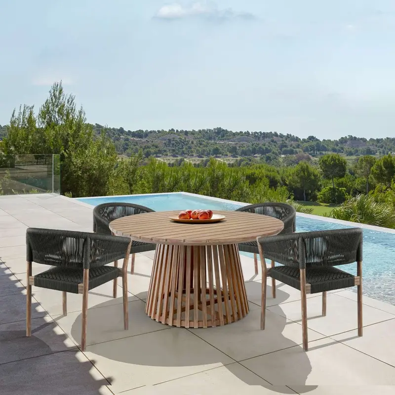 Escondido Doris Outdoor Patio 5 Piece Round Dining Set in Eucalyptus Wood and Black Rope By Armen Living