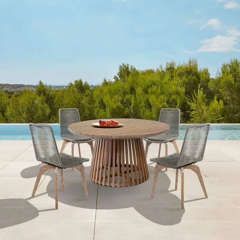 Escondido Island Outdoor Patio 5 Piece Round Dining Set in Eucalyptus Wood and Gray Rope By Armen Living