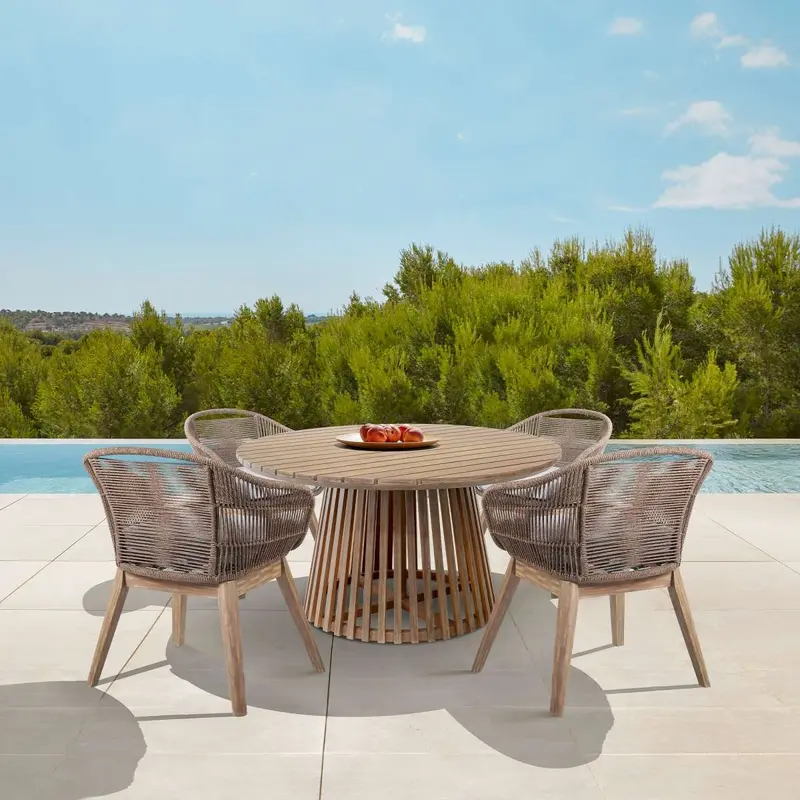 Escondido Tutti Frutti Outdoor Patio 5 Piece Round Dining Set in Eucalyptus Wood with Truffle Rope and Gray Cushions By Armen Living