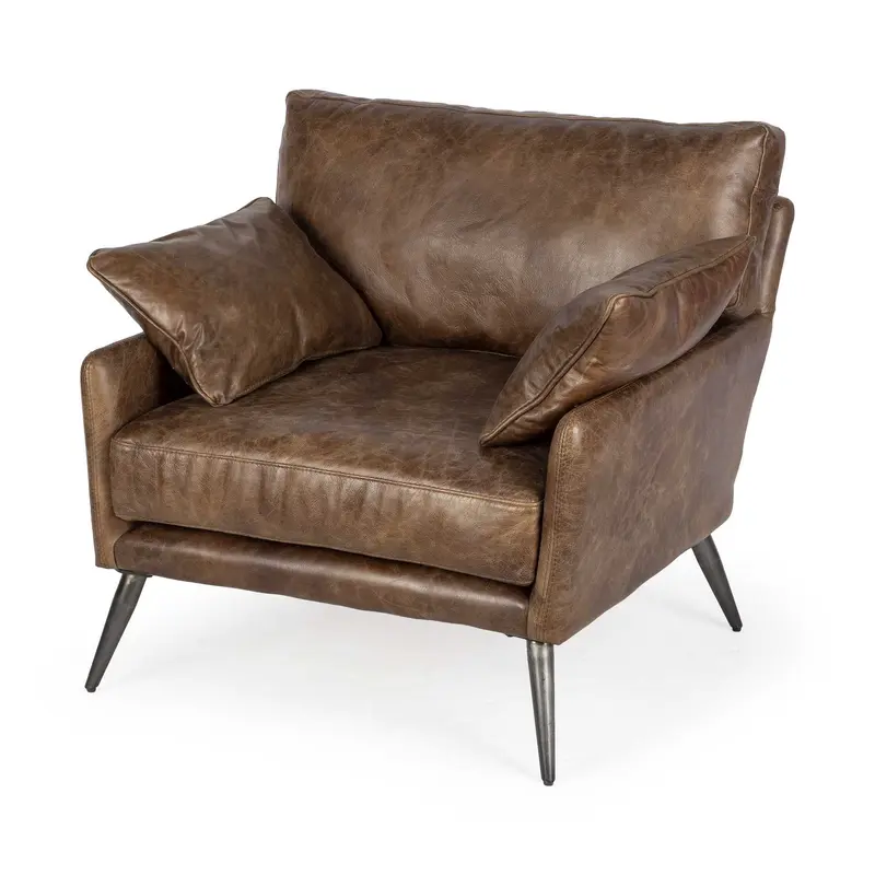 Espresso Brown Top-Grain Leather Wide Accent chair with Wooden Frame and Iron Legs By Homeroots
