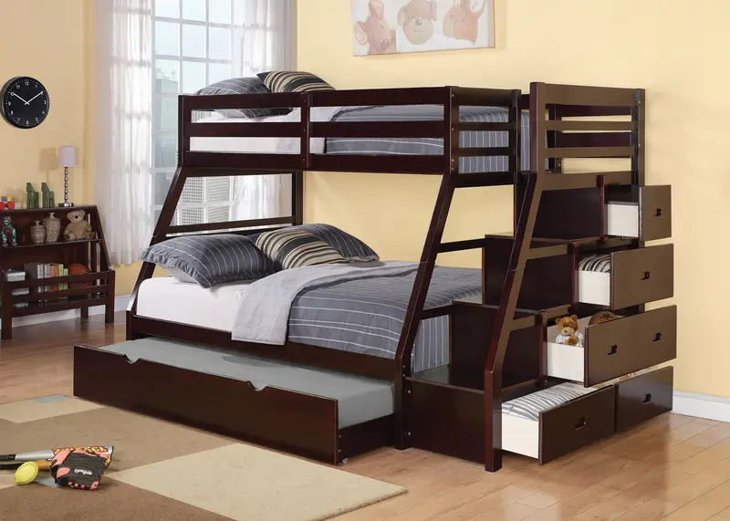 Espresso Pine Wood Bunk Bed Twin-Full With Trundle By Homeroots