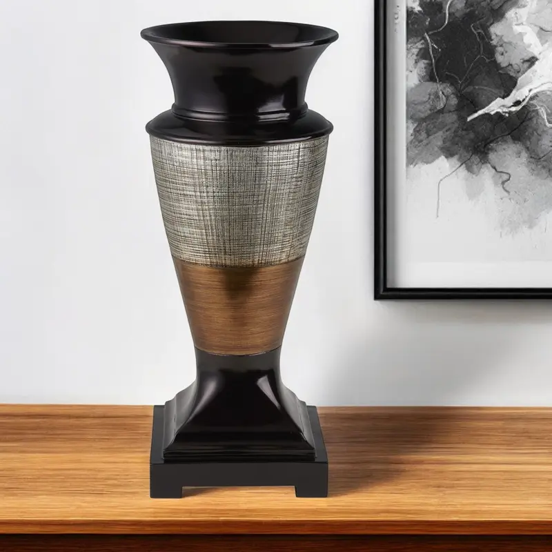 Espresso Silver and Gold Striped Urn Polyresin Table Vase By Homeroots