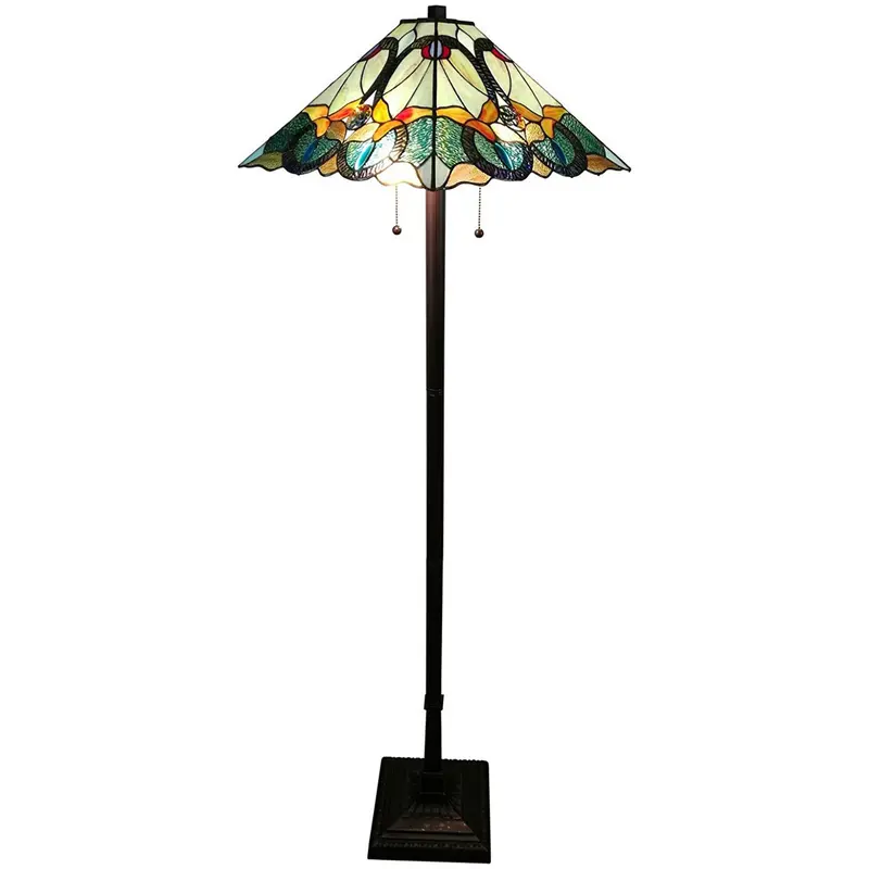 Espresso Two Light Torchiere Floor Lamp With Blue Flowers Glass Cone Shade By Homeroots