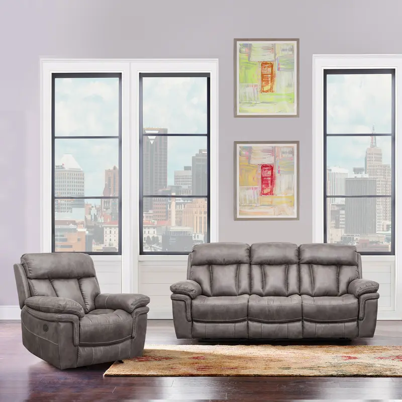 Estelle Power Reclining 2 Piece Sofa and Recliner Set in Gunmetal Fabric By Armen Living