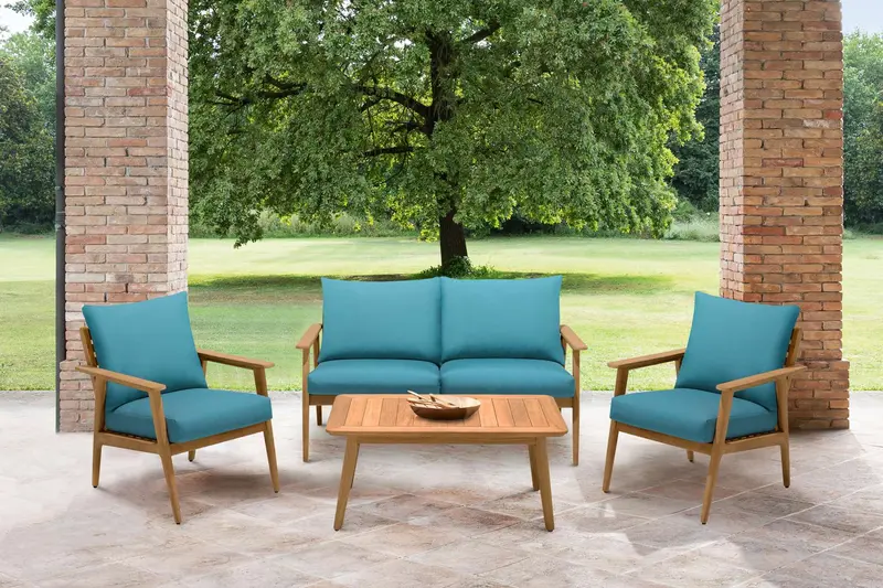 Eve Outdoor 4 Piece Teak Wood Sofa Seating Set with Teal Olefin By Armen Living