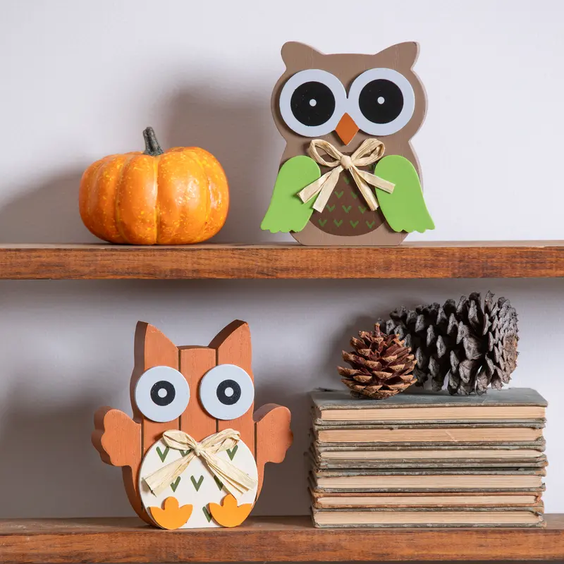 Evergreen Gifts,5" Wood Owl Shaped Tabletop Decor in Wood Tray,10.9x7.8x5.25 Inches