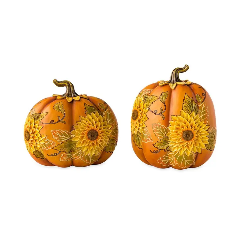 Evergreen Statuary,Carved Pumpkins with Sunflowers, Set of 2,7.25x4.25x8.5 Inches