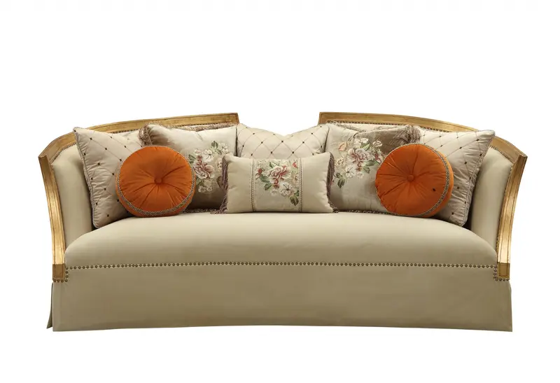 Fabric Antique Gold Upholstery Wood LegTrim Sofa w Pillows By Homeroots