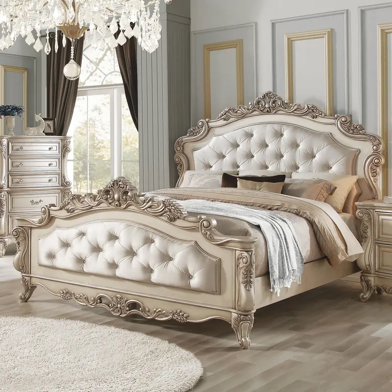 Fabric Antique White Wood Upholstered Hbfb Queen Bed By Homeroots