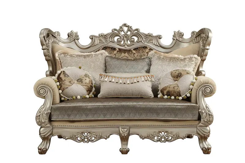 Fabric & Champagne Upholstery Wood LegTrim Loveseat w Pillows By Homeroots