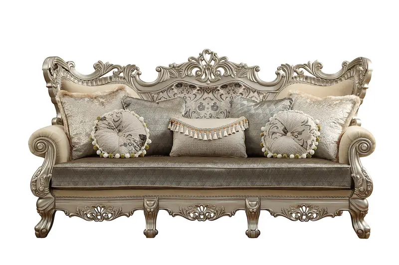 Fabric & Champagne Upholstery Wood LegTrim Sofa w Pillows By Homeroots