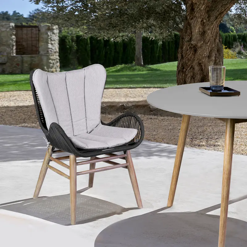Fanny Outdoor Patio Dining Chair in Light Eucalyptus Wood and Charcoal Rope By Armen Living