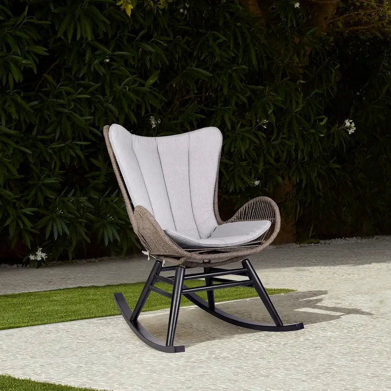 Fanny Outdoor Patio Rocking chair in Dark Eucalyptus Wood and Truffle Rope By Armen Living