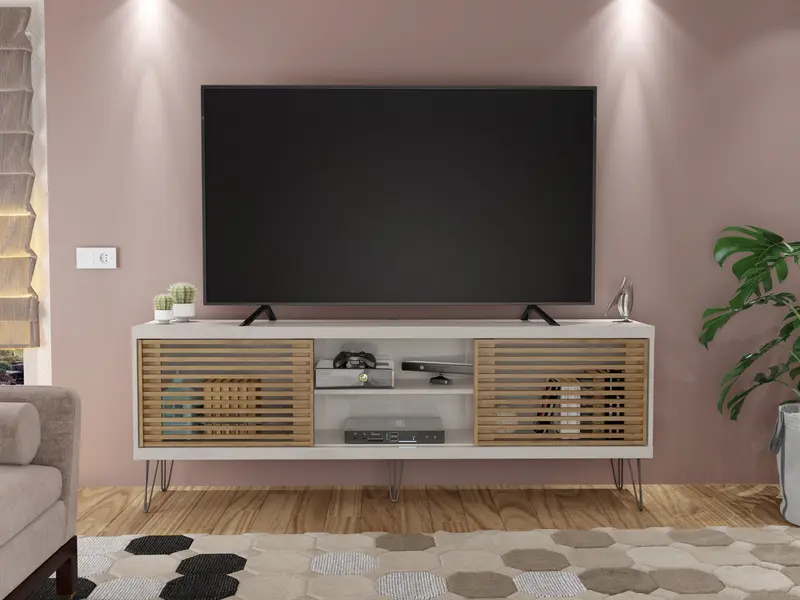 Farmhouse TV Stand With Metal Legs And Wood-Slat Sliding Doors 70 inch tv By Homeroots