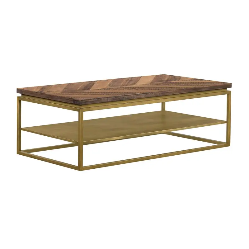 Faye Rustic Brown Wood Coffee Table with Shelf and Antique Brass Metal Base By Armen Living