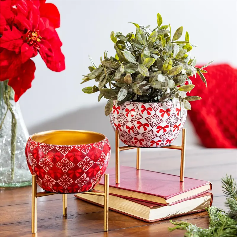 Feels Like the Holidays Planter with Stand, Metal, Red Bow, Asst of 2