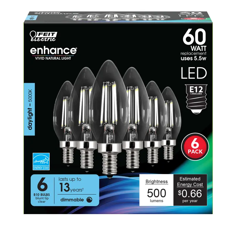 Feit B10 E12 (Candelabra) Filament LED Bulb Daylight 60 Watt Equivalence 6 pk - Deal of The Week