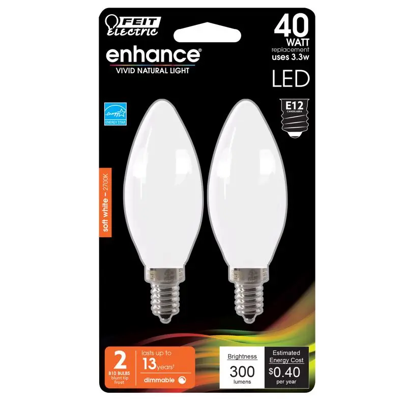 Feit Enhance B10 E12 (Candelabra) Filament LED Bulb Soft White 40 Watt Equivalence 2 pk - Open Box