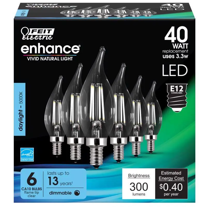 Feit Enhance CA10 (Flame Tip) E12 (Candelabra) Filament LED Bulb Daylight 40 Watt Equivalence 6 pk - Open Box