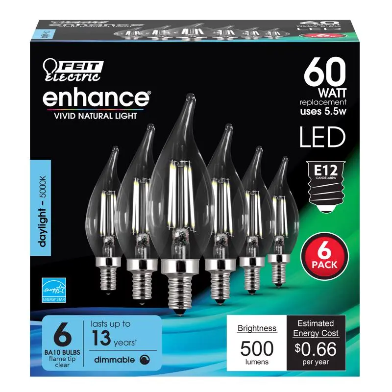 Feit Enhance CA10 (Flame Tip) E12 (Candelabra) Filament LED Bulb Daylight 60 Watt Equivalence 6 pk - Deal of The Week