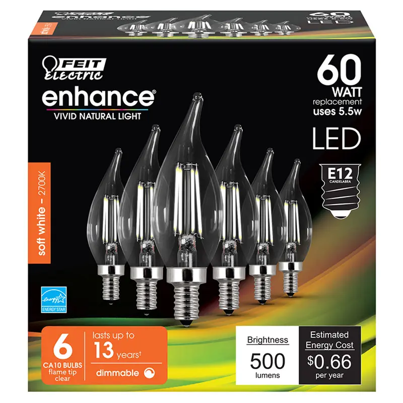 Feit Enhance CA10 (Flame Tip) E12 (Candelabra) Filament LED Bulb Soft White 60 Watt Equivalence 6 pk - Deal of The Week