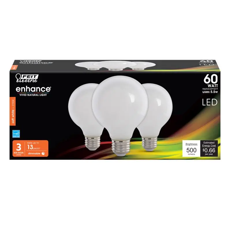 Feit Enhance G25 E26 (Medium) Filament LED Bulb Soft White 60 Watt Equivalence 3 pk - Deal of The Week
