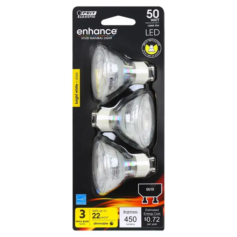 Feit Enhance MR16 GU10 LED Bulb Bright White 50 Watt Equivalence 3 pk - Open Box