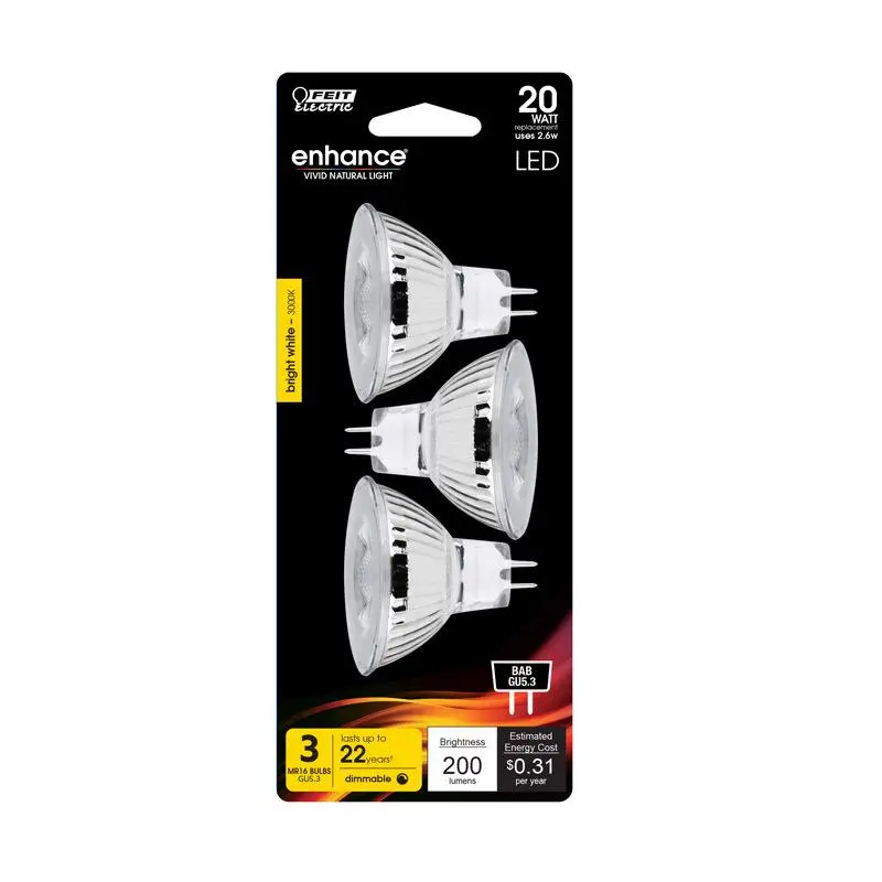 Feit Enhance MR16 GU5.3 LED Bulb Bright White 20 Watt Equivalence 3 pk - Deal of The Week