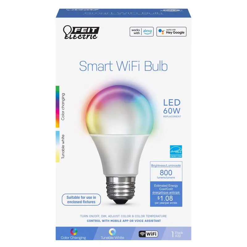 Feit Smart Home A19 E26 (Medium) Smart-Enabled LED Bulb Color Changing 60 Watt Equivalence 1 pk - Open Box