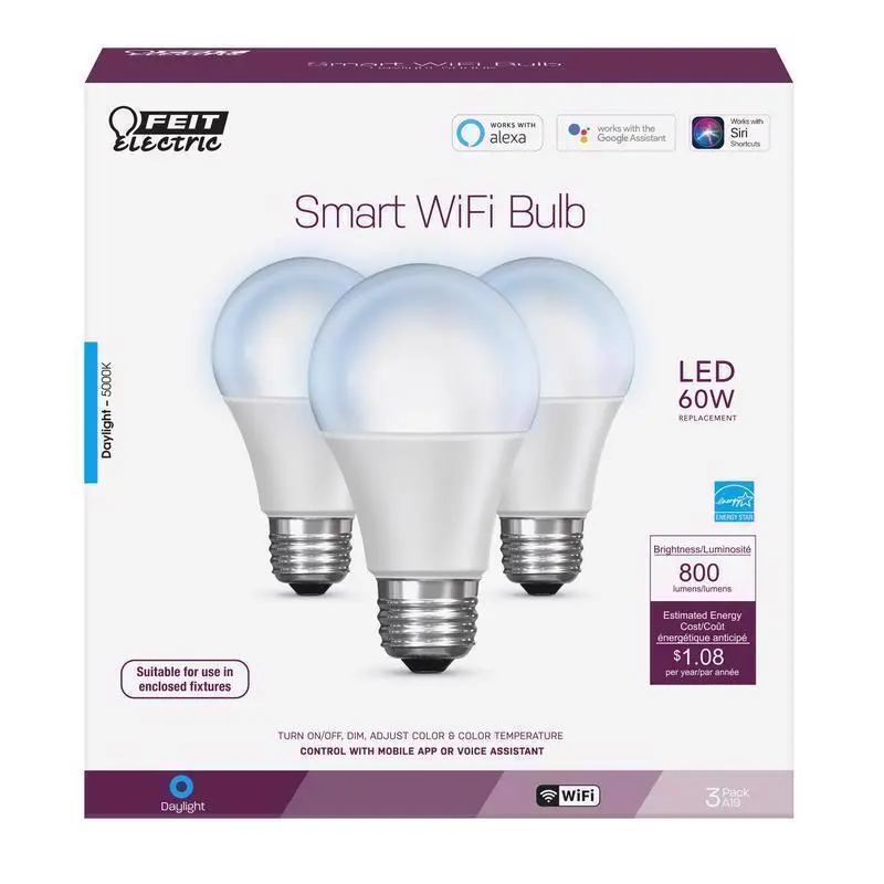Feit Smart Home A19 E26 (Medium) Smart-Enabled LED Bulb Daylight 60 Watt Equivalence 3 pk - Deal of The Week