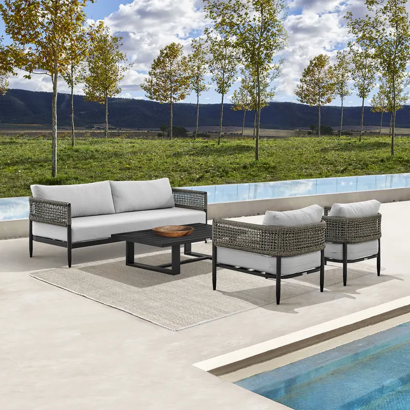 Felicia 4 Piece Outdoor Black Aluminum & Rope Conversation Set with Light Gray Fabric Cushions By Armen Living