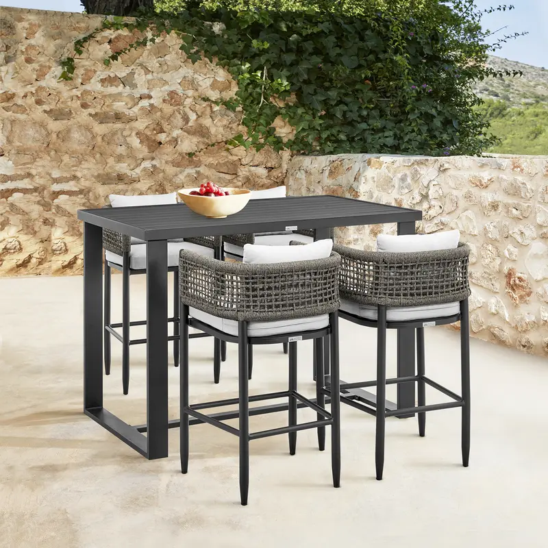 Felicia Outdoor Patio 5-Piece Bar Table Set in Aluminum with Grey Rope and Cushions By Armen Living