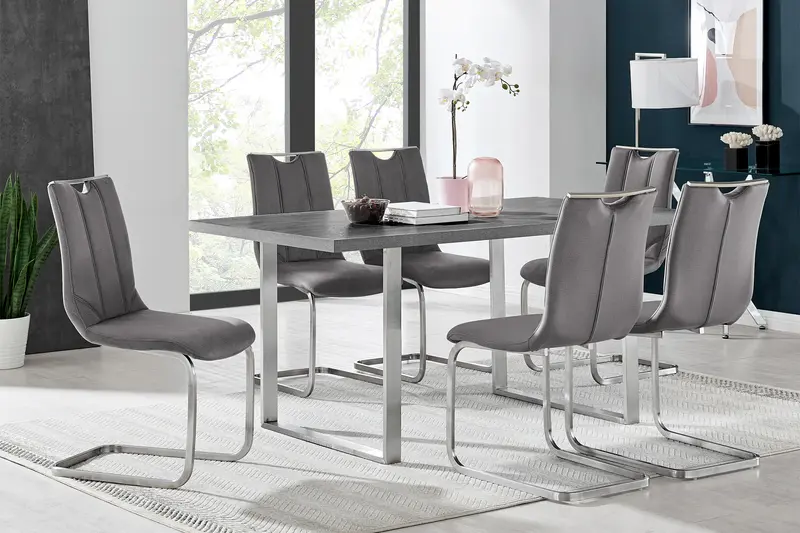 Fenton and Pacific 7 Piece Modern Rectangular Dining Set with Metal Base in Black Melamine Wood and Gray Fabric By Armen Living
