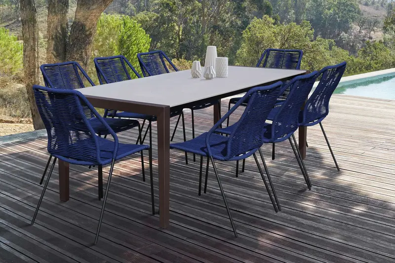 Fineline and Clip Indoor Outdoor 9 Piece Dining Set in Dark Eucalyptus Wood with Superstone and Black Rope By Armen Living