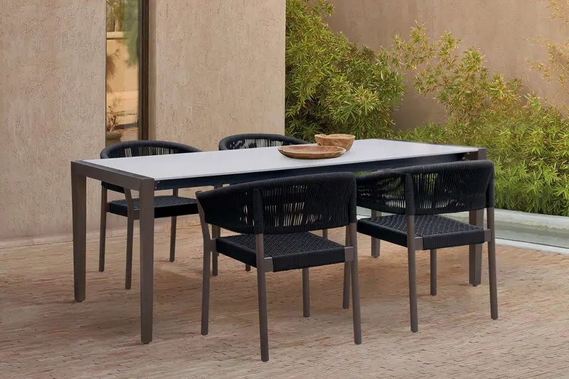 Fineline and Doris Indoor Outdoor 5 Piece Dining Set in Dark Eucalyptus Wood with Superstone and Black Rope By Armen Living