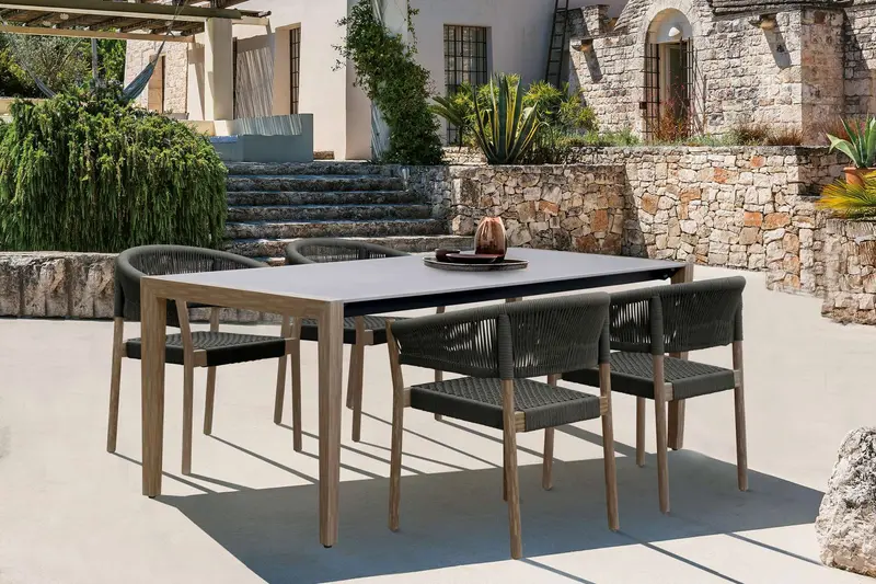 Fineline and Doris Indoor Outdoor 5 Piece Dining Set in Light Eucalyptus Wood with Superstone with Charcoal Rope By Armen Living
