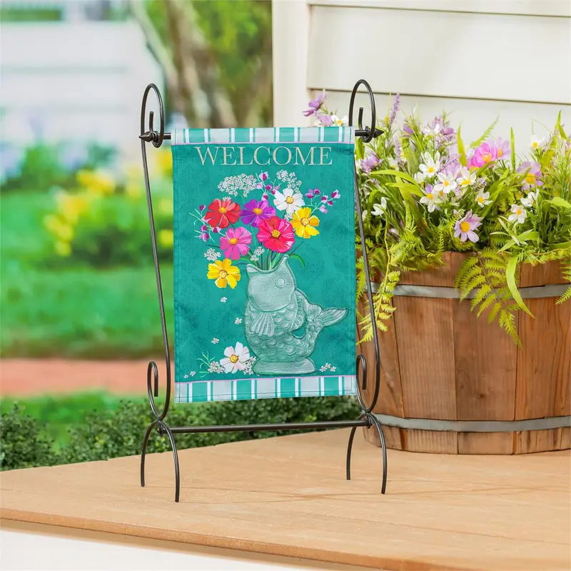 Fish Planter With Flowers Applique Garden Flag