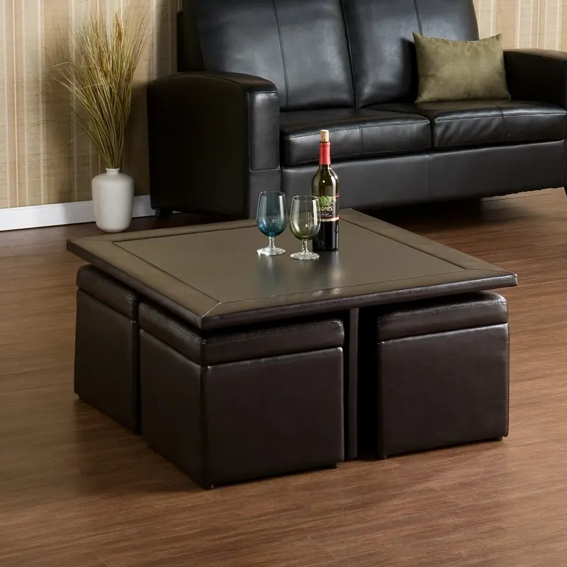 Five Piece Dark Brown Faux Leather Coffee Table and Storage Ottoman Set By Homeroots