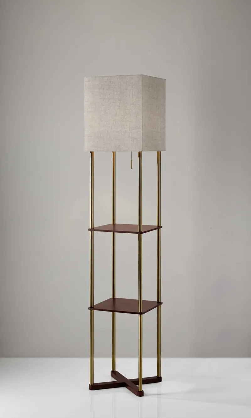 Floor Lamp with Antique Brass Poles and Walnut Wood Finish Storage Shelves with Two USB Ports By Homeroots