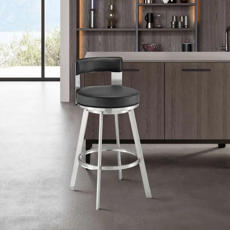 Flynn 30" Swivel Bar Stool in Brushed Stainless Steel with Black Faux Leather By Armen Living
