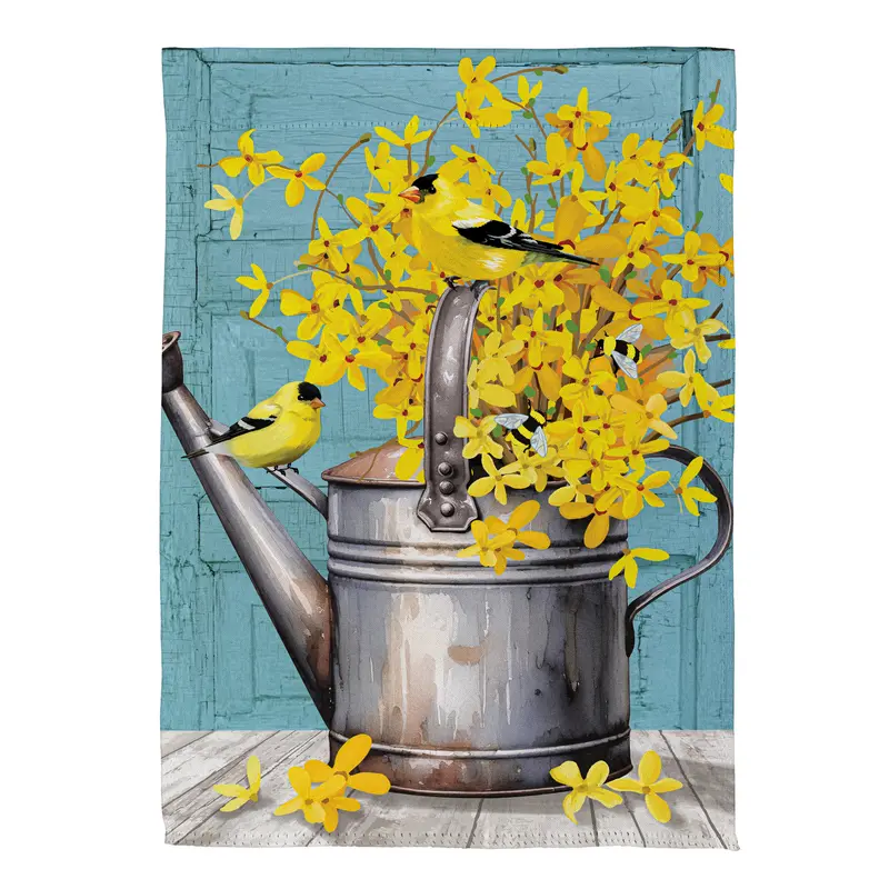 Forsythia Finch Watering Can Suede House Flag
