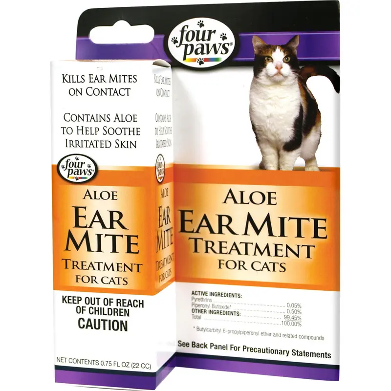 Four Paws Aloe Ear Mite Treatment for Cats Kills Ear Mites on Contact Soothing Formula 0.75 oz